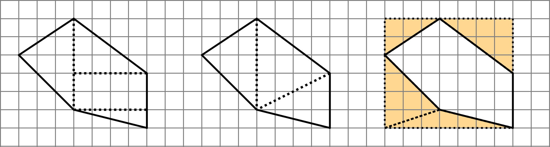 Three identical five-sided polygons. The first two are divided up into triangles in rectangles. The third is surrounded by a rectangle, the area of which outside the polygon is shaded.