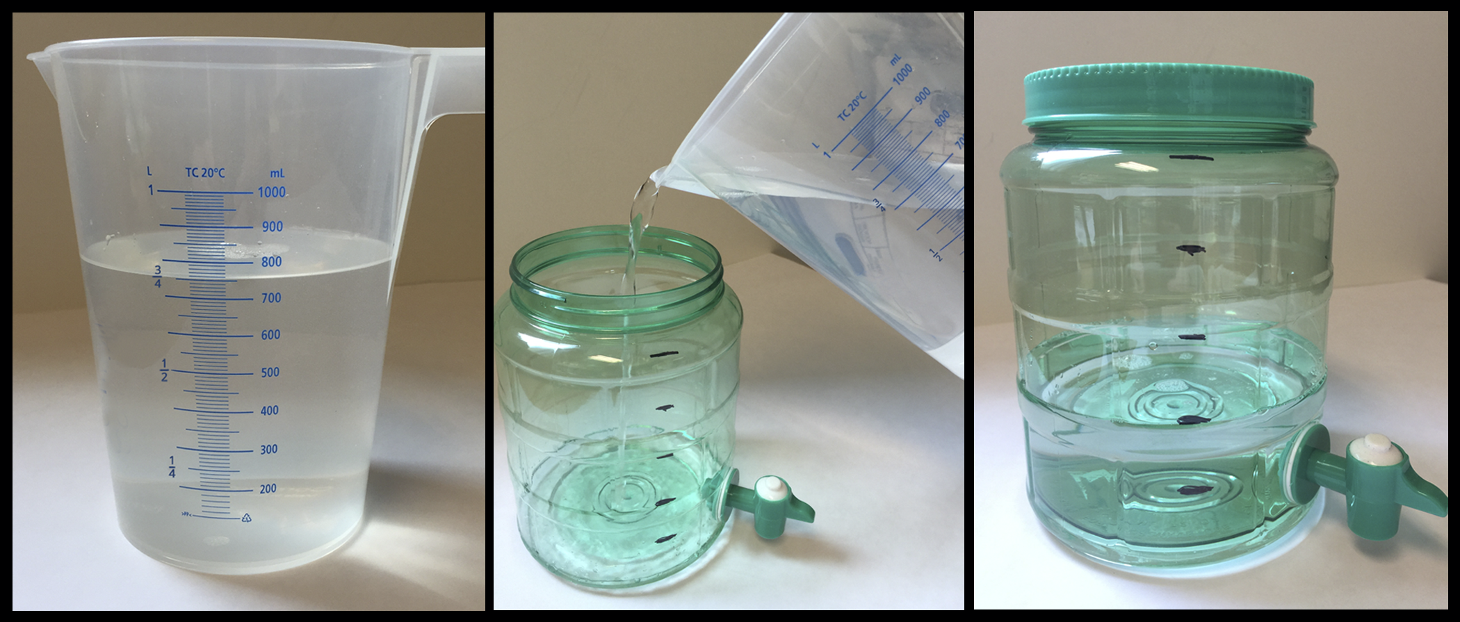 Three images. First, a measuring cup filled with the fraction 3 over 4 liters of water. Second, water in measuring cup being poured into a water dispenser with five equal spaced tick marks. Third, water up to the second tick mark on dispenser.