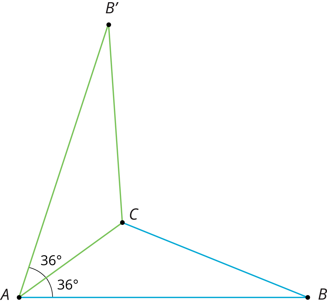 Triangle A, B, C, with angle with measure 36 degrees at A. It has been reflected on the side A, C.