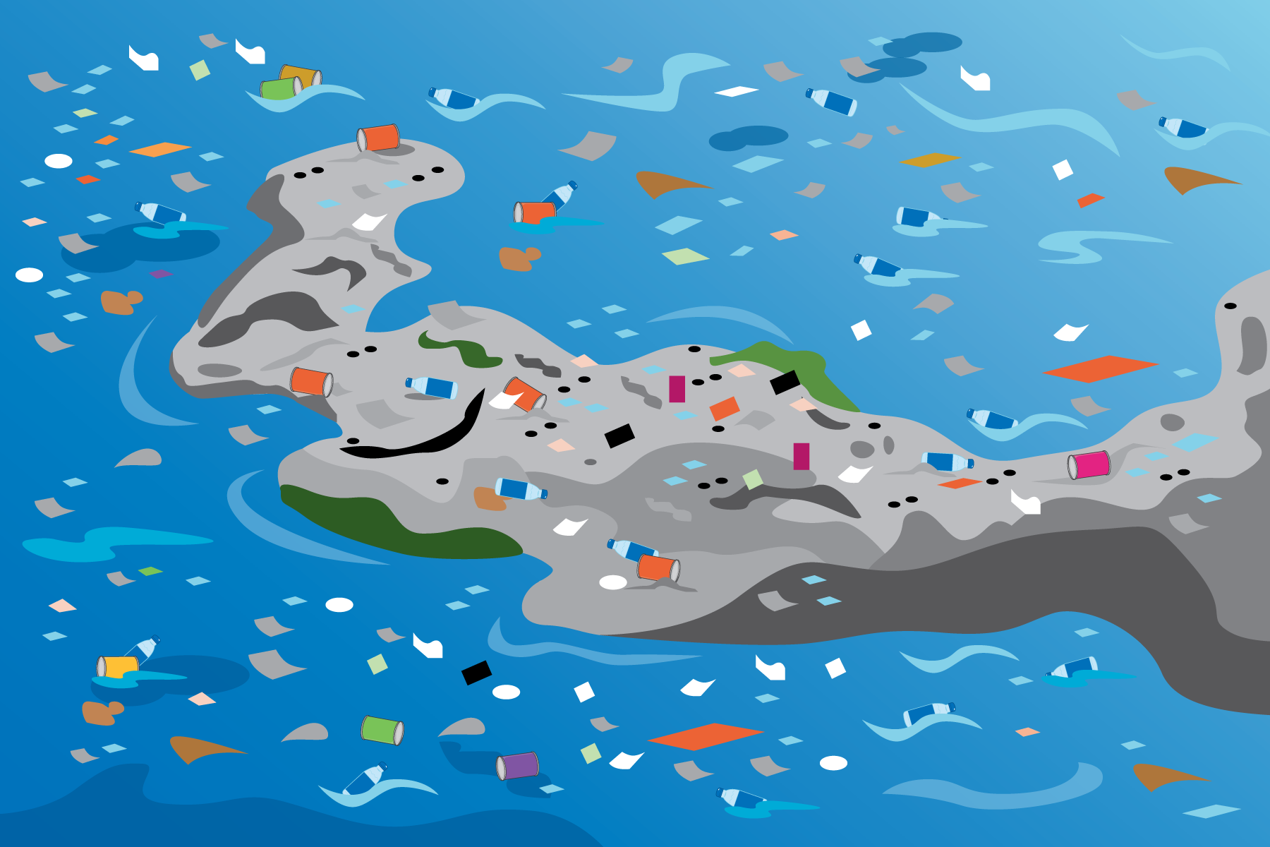image of trash in the water and on land. trash includes bottles, paper, cans.
