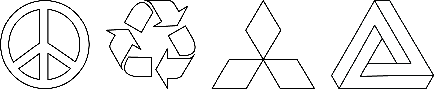 4 drawings of logos and symbols. from left to right, peace, recycle, mitsubishi, triangular logo.