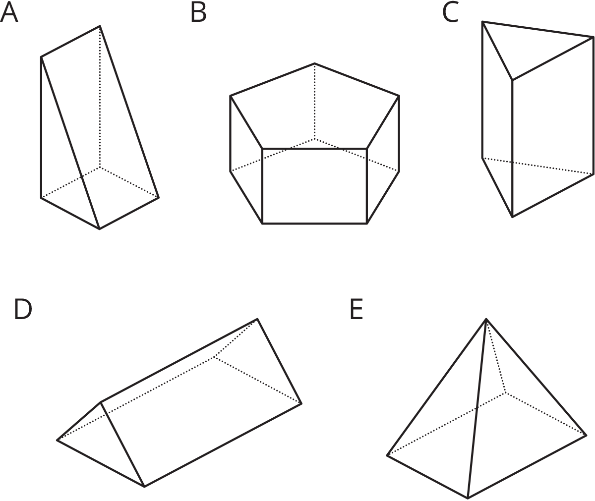 Five figures. Figure A, prism with triangle base. Figure B, prism with pentagon base. Figure C, prism with triangle base. Figure D, prism with triangle base. Figure E, pyramid with a rectangle base.